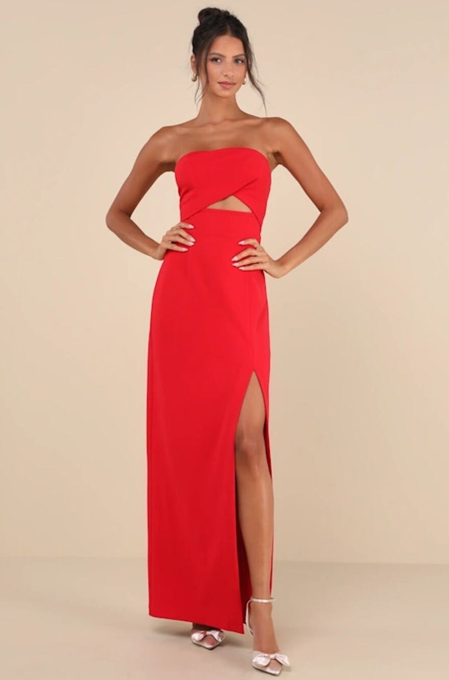 Lulu's Extravagant Persona Strapless Cutout Column Maxi Dress Red NWT S